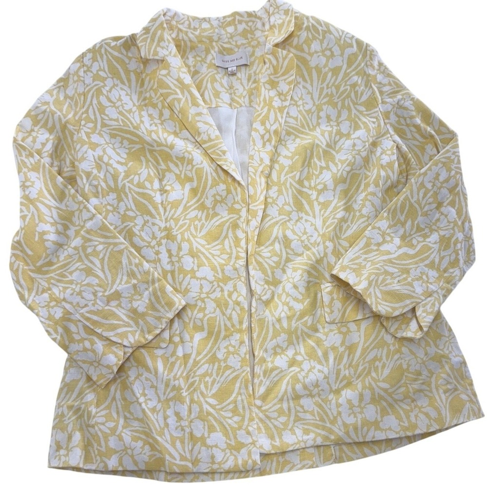 Skies Are Blue Blazer Womens Small Yellow White Floral Linen Blend Open‎ Front